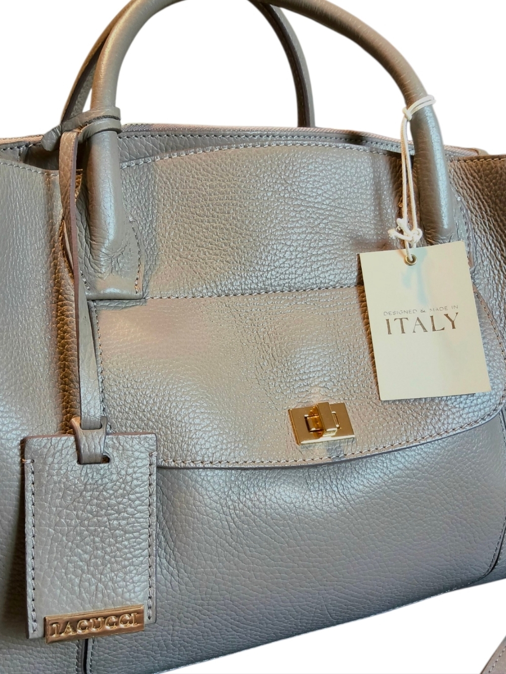 Iacucci Taupe Italian Leather Structure Satchel Tote with Strap and Dust Bag NWT - Picture 4 of 12